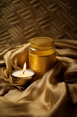 Dry flowers and lit golden candles in Scandinavian interior as decor on natural wooden background and textileの素材