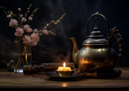 Black iron teapot in traditional Asian style on wooden backgroundの素材