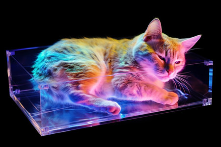 Cat sleeping on holographic rainbow lights, digital kitten conceptの素材
