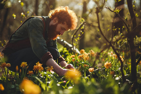 Young ginger man planting flowers in spring garden, wild meadowの素材