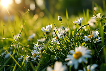 Beautiful spring morning sunrise over fresh green meadow with flowers, sunny dayの素材