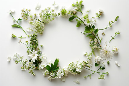 Frame of white delicate flowers, wreath with green leaves on white background, top viewの素材