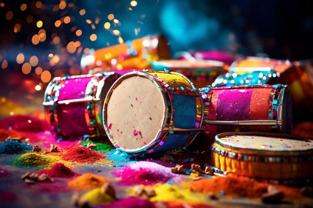 Colorful pots and drums with Holi paint powder, Indian festival of colorsの素材
