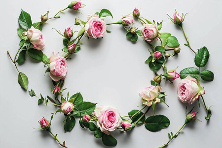 Frame of pink delicate roses, wreath with green leaves on white background, top viewの素材