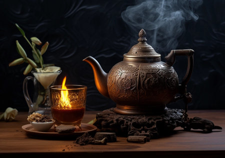 Black iron teapot in traditional Asian style on wooden backgroundの素材