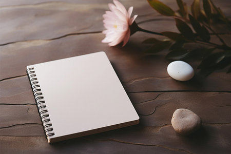Blank empty notebook, tulip and tender feathers on light backgroundの素材