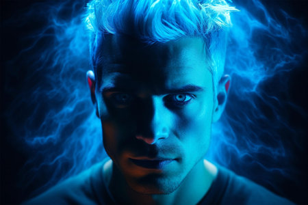 Blond young man portrait with neon painted face, closeupの素材