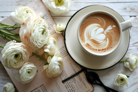 Blank open notebook on wooden rustic background with cup of coffee, still lifeの素材