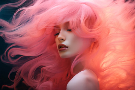 Pink hair young woman portrait with digital holographic effect, closeupの素材