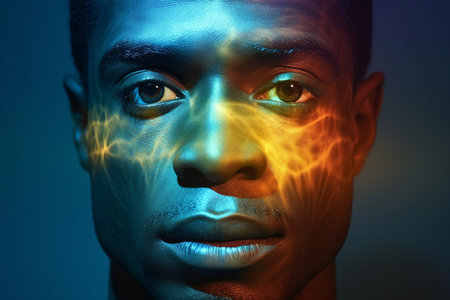 Handsome black young man portrait with digital holographic effect, closeupの素材