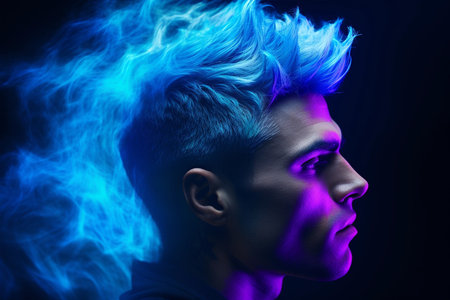 Blond young man portrait with neon painted face, closeupの素材