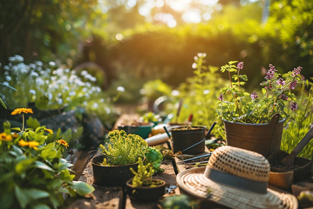 Sunlit garden with gardening tools, plants and flowers, eco sustainable growth backgroundの素材