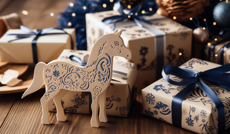 Gift boxes with bows and toy horse on vintage wooden background, greeting cardの素材