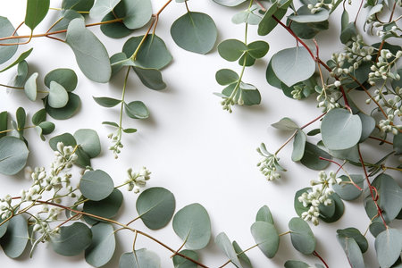 Frame of eucalyptus branches on white background, top viewの素材