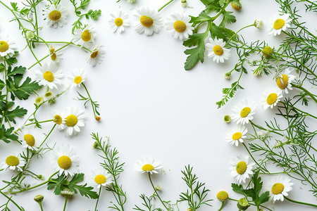 Frame of yellow delicate daisies, wreath with green leaves on white background, top viewの素材