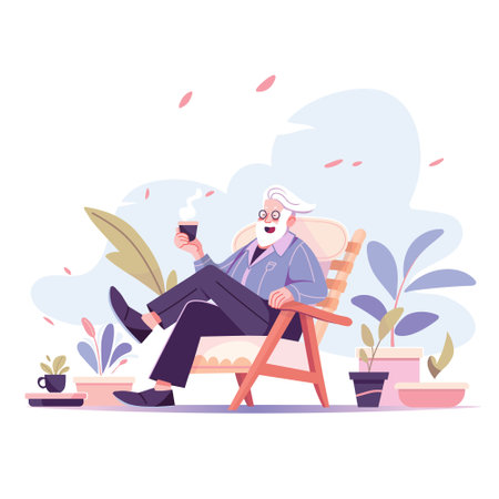 Happy active old man with white beard sitting in chair and drinking coffee. Vector illustrationのイラスト素材