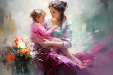 Happy Mother's Day illustration with mother and daughter in pastel colors, copy spaceの素材