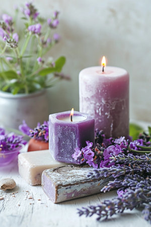 Spa, purple salts and lit candle on rustic wooden table with lilac flowersの素材