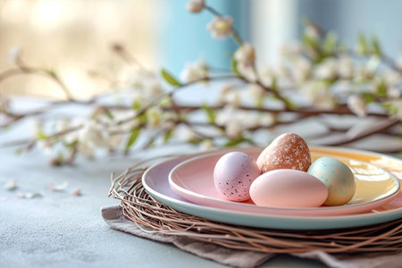 Easter rainbow pastel table setting for dinner with ceramic plates, blossom branches and easter eggsの素材