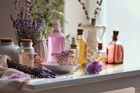 Spa products, essences and salts and lit candle on wooden table with lavender flowersの素材