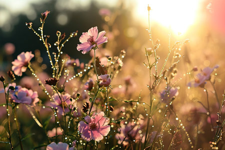Beautiful spring morning sunrise over fresh green meadow with daisies, sunny dayの素材
