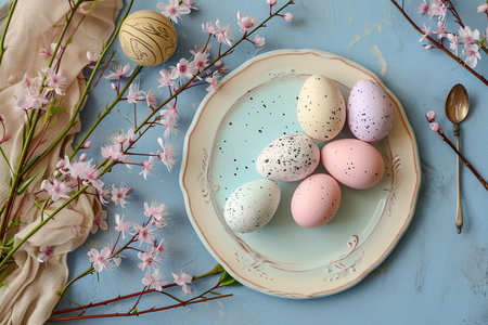 Easter rainbow pastel table setting for dinner with ceramic plates, blossom branches and easter eggsの素材