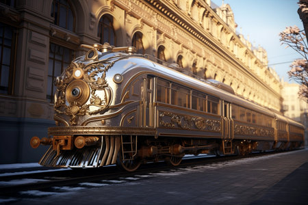 Vintage steampunk style train in golden sunset on old train stationの素材