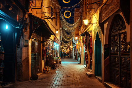 Old traditional Arabic street in night with Ramadan garlands and golden crescent moonの素材