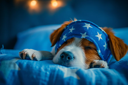 Cute puppy sleeping in bed and wearing blue with stars sleeping mask, night lamp on background. World Sleep Dayの素材