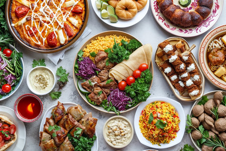 Flat lay of Ramadan kareem Iftar party table with assorted festive traditional Arabic dishes, copy space for textの素材