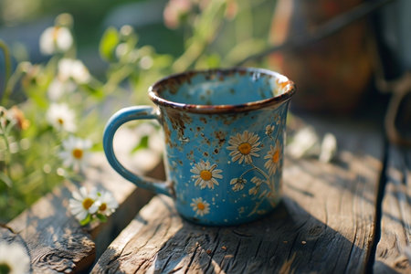 Rustic enameled blue mug with daisy flowers, beautiful sunny garden on backgroundの素材