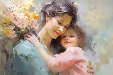 Happy Mother's Day illustration with mother and daughter in pastel colors, copy spaceの素材