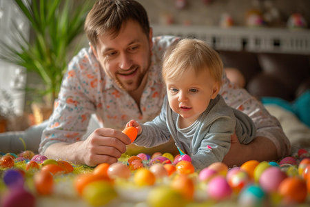 Surprised father with cute child looking for Easter eggs, holiday egg huntの素材