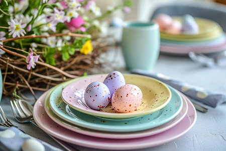 Easter rainbow pastel table setting for dinner with ceramic plates, blossom branches and easter eggsの素材