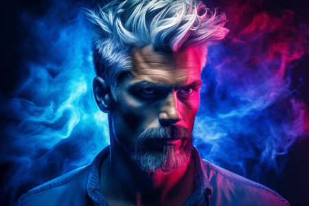Blond young man portrait with neon painted face, closeupの素材