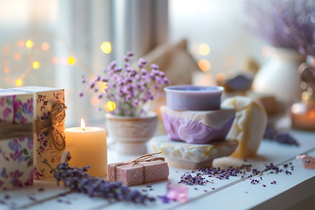 Spa products, essences and salts and lit candle on wooden table with lavender flowersの素材