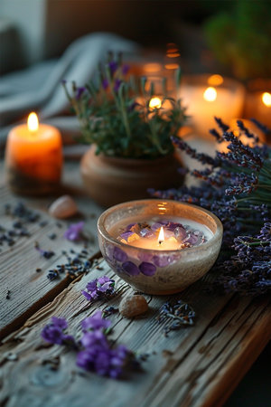 Spa, purple salts and lit candle on rustic wooden table with lilac flowersの素材