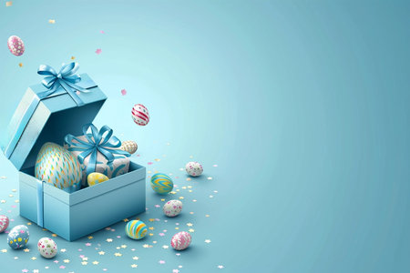 Blue pink Easter eggs in gift box on pastel background. Greeting card or bannerの素材