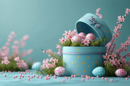 Blue pink Easter eggs in gift box on pastel background. Greeting card or bannerの素材