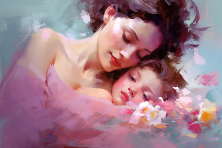 Happy Mother's Day illustration with mother and daughter in pastel colors, copy spaceの素材