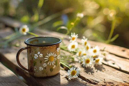 Rustic enameled blue mug with daisy flowers, beautiful sunny garden on backgroundの素材