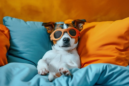 Cute puppy sleeping in bed and wearing orange sleeping mask, night lamp on background. World Sleep Dayの素材