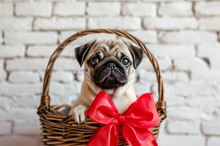 Cute pug puppy with red bow in basket, rustic brick wall on background. National Puppy Dayの素材