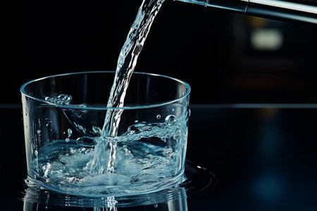 Closeup of pouring water into glass, sink and tap in kitchenの素材