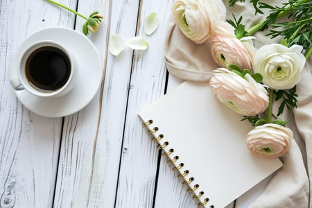 Blank open notebook on wooden rustic background with cup of coffee, still lifeの素材