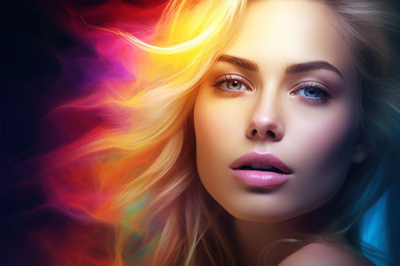 Blond young woman portrait with digital holographic effect, closeupの素材
