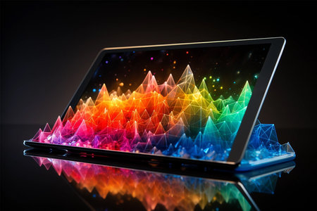 Digital tablet and geometric holographic colorful rainbow spectroscopy cityの素材