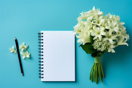 Flat lay with blossom with coffee cup and open notebook, rustic minimalist backgroundの素材
