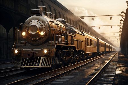 Vintage steampunk style train in golden sunset on old train stationの素材
