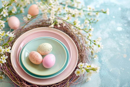 Easter rainbow pastel table setting for dinner with ceramic plates, blossom branches and easter eggsの素材